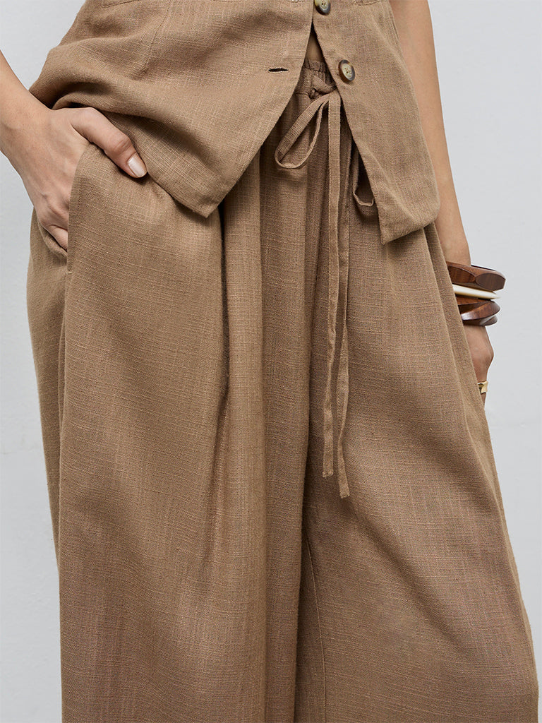 LOV Brown Solid High-Rise Cotton-Blend Pants