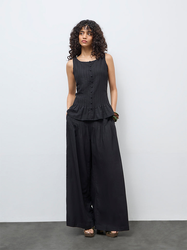 LOV Black Pintuck-Detailed High-Rise Pants
