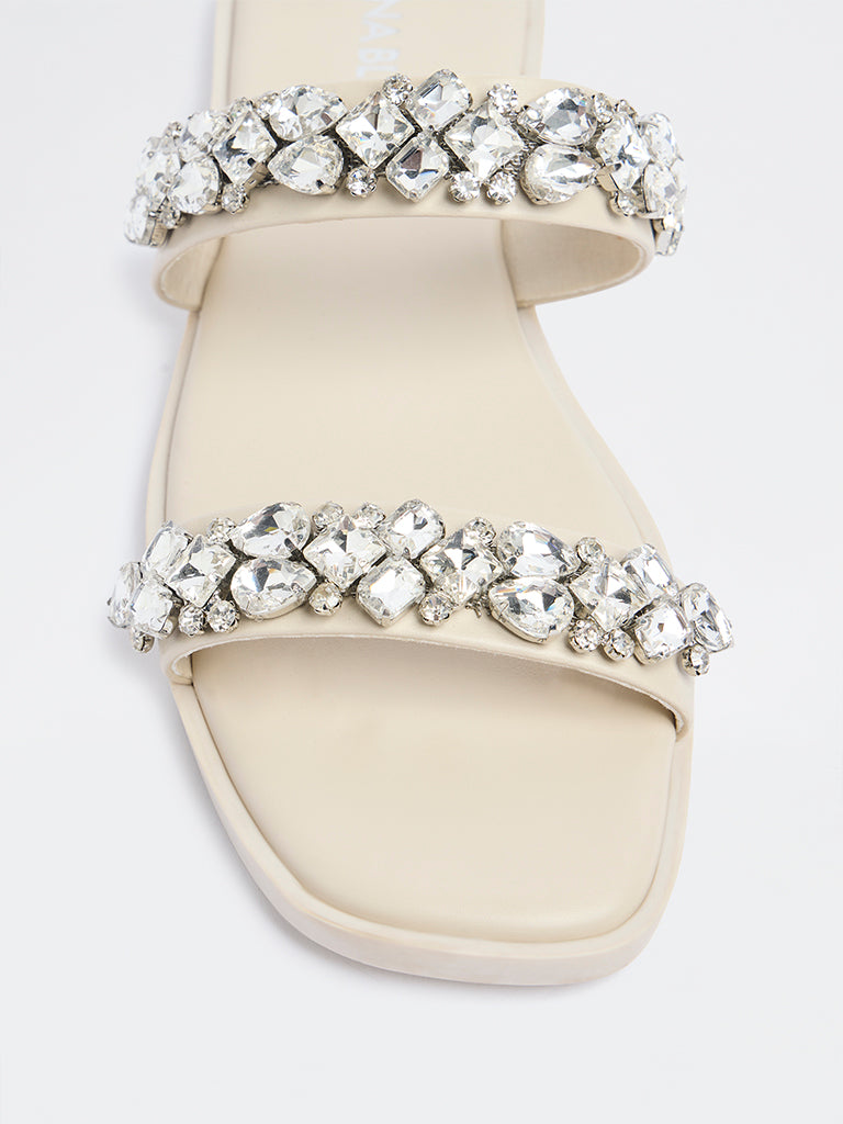 LUNA BLU Ivory Embellished Slides