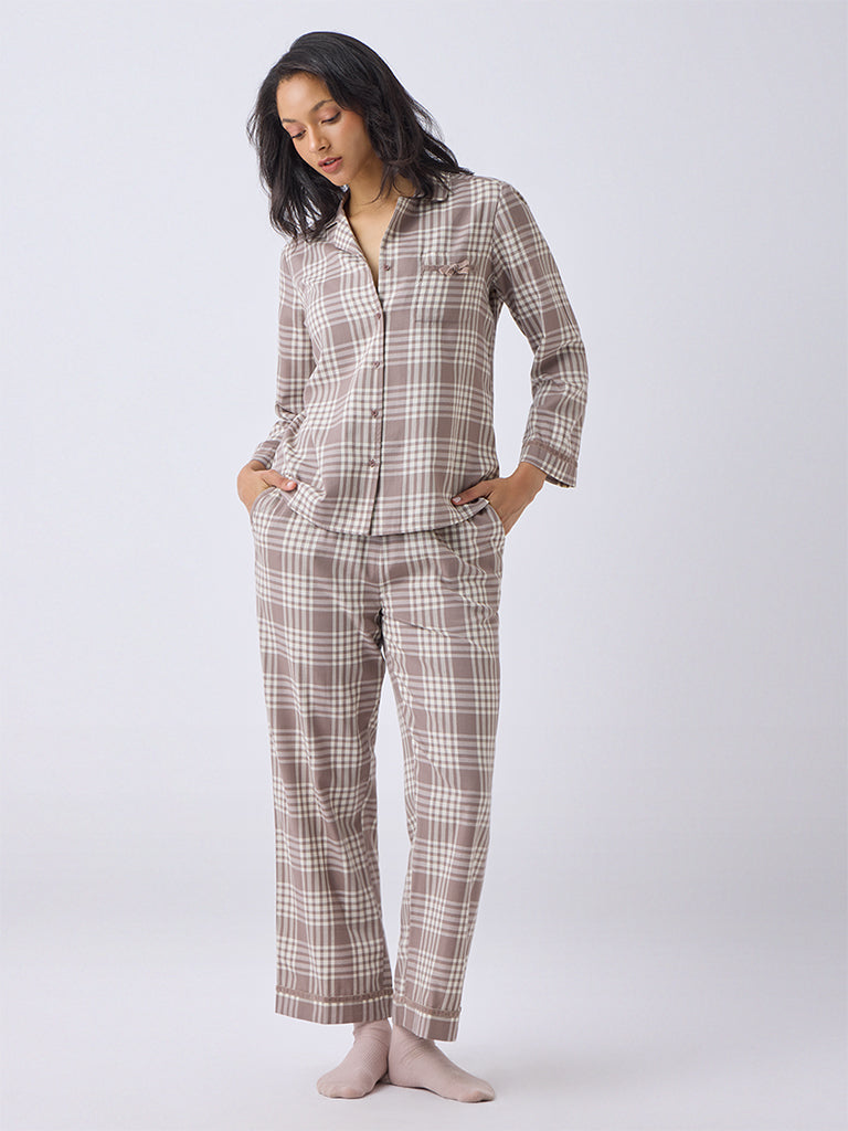 Wunderlove Dusty Brown Cotton-Blend Shirt and Pyjamas Set