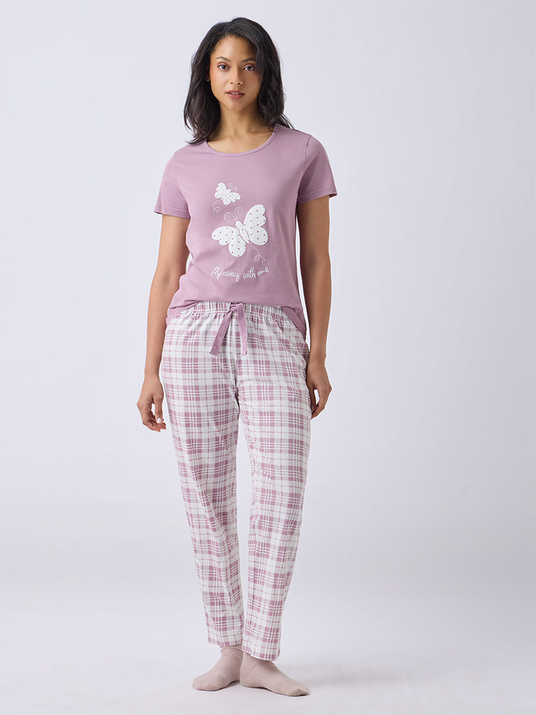 Wunderlove Dusty Pink Butterfly Printed Cotton T-Shirt