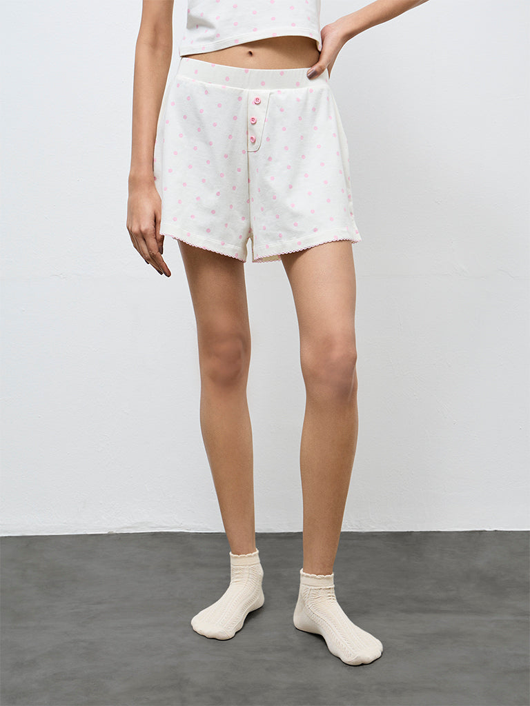 Superstar Off-White Polka Dot High-Rise Cotton-Blend Shorts