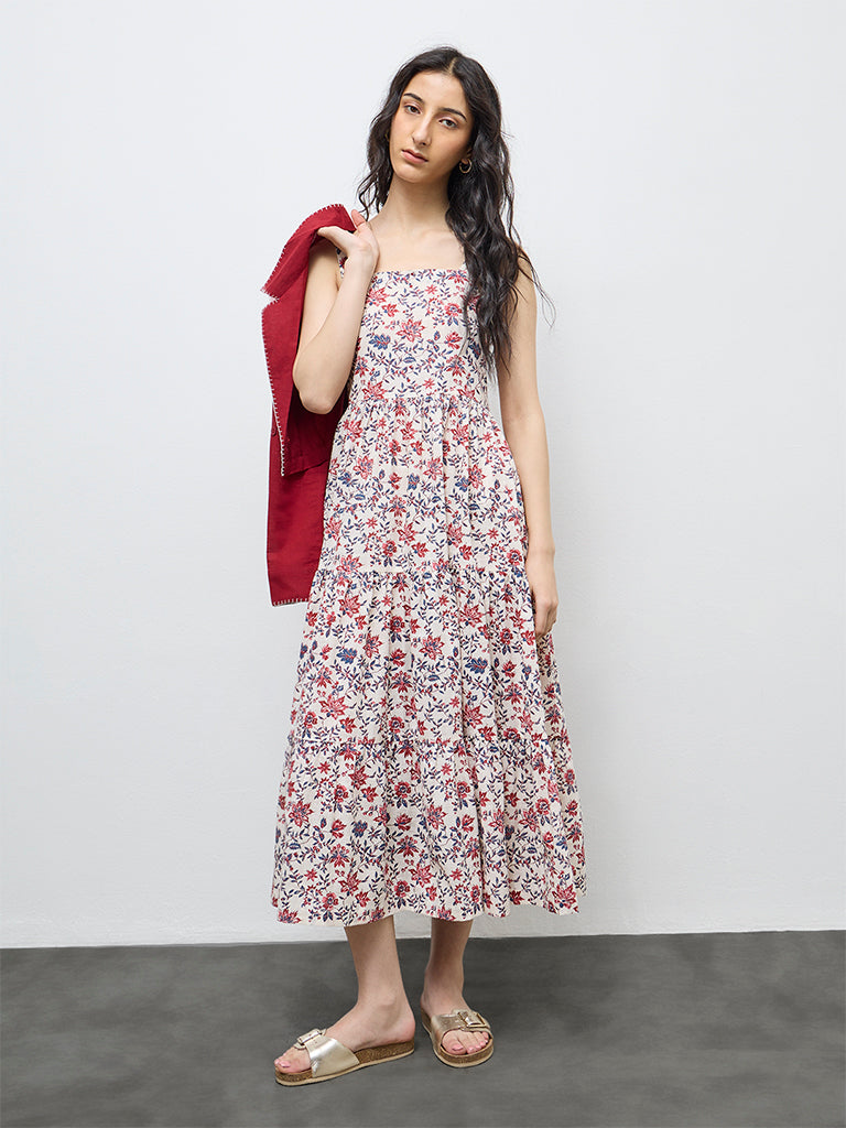 Bombay Paisley Off-White Floral Cotton Tiered Dress