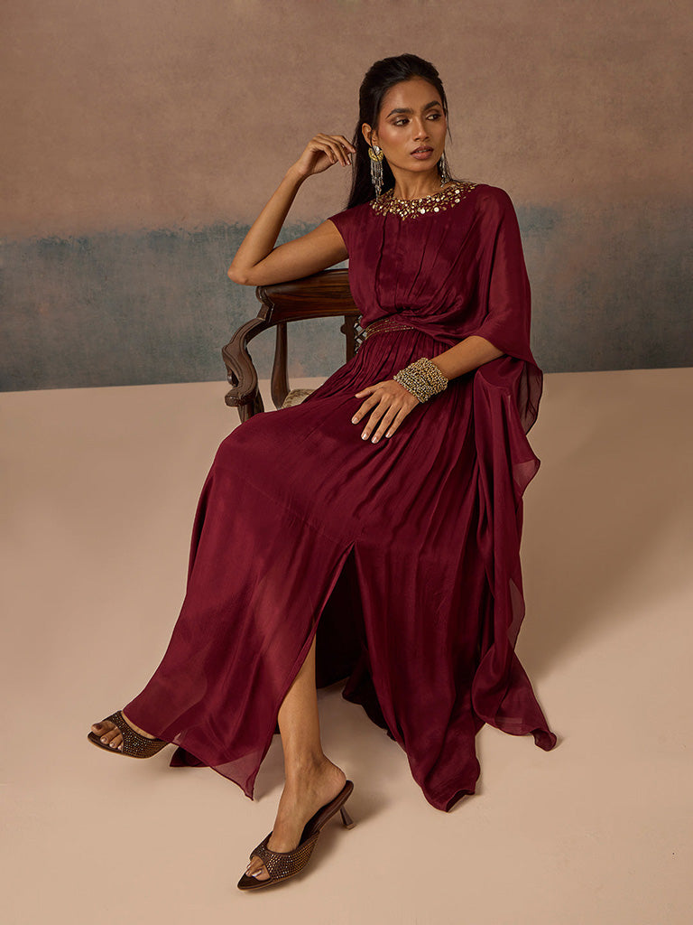 Samoh Embellished Maroon Maxi Dress