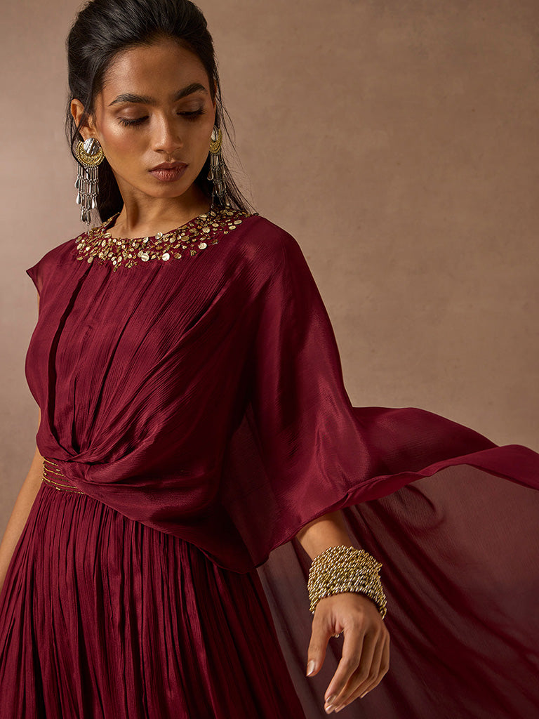 Samoh Embellished Maroon Maxi Dress