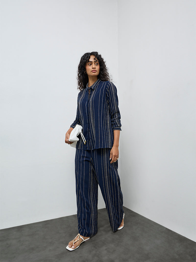 LOV Navy Striped Embroidered Cotton Shirt