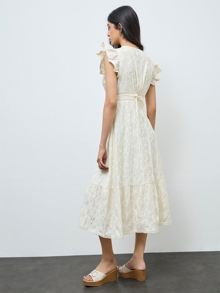 LOV Off-White Floral Embroidered Cotton A-Line Dress