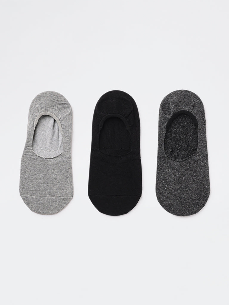 WES Lounge Grey Invisible No Show Cotton-Blend Socks - Pack of 3