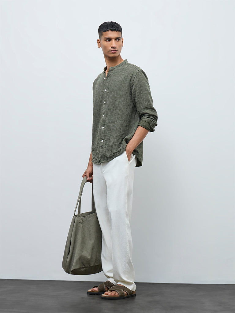 ETA Olive Striped Relaxed-Fit Cotton Shirt