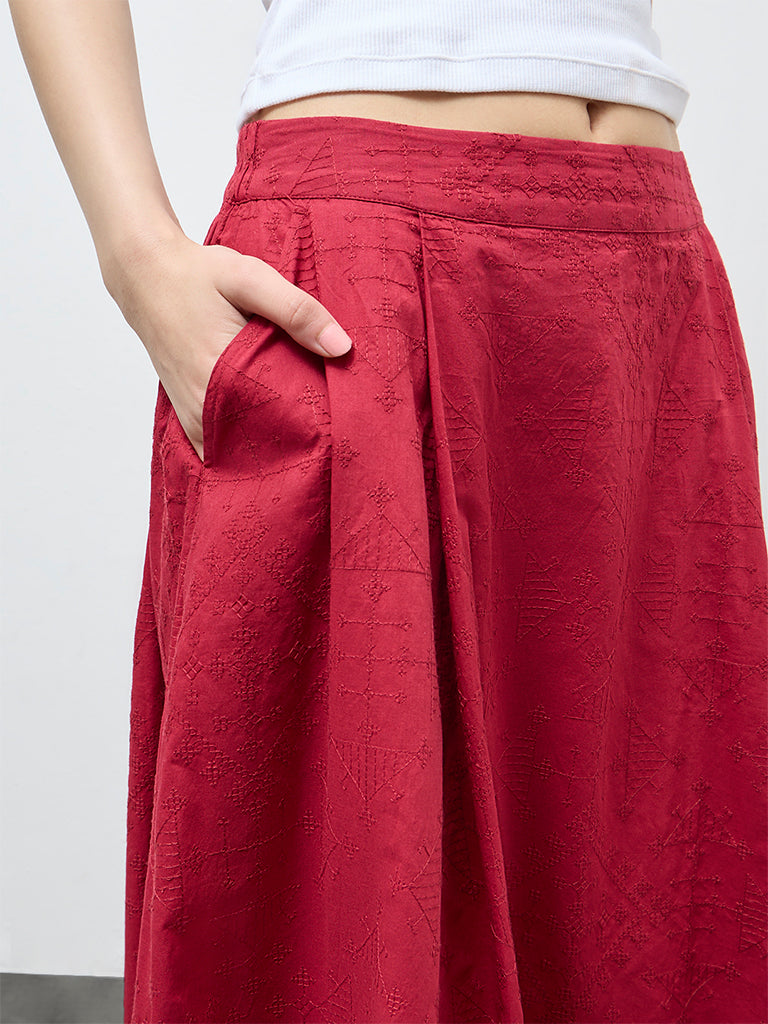 Bombay Paisley Red Embroidered Cotton Skirt