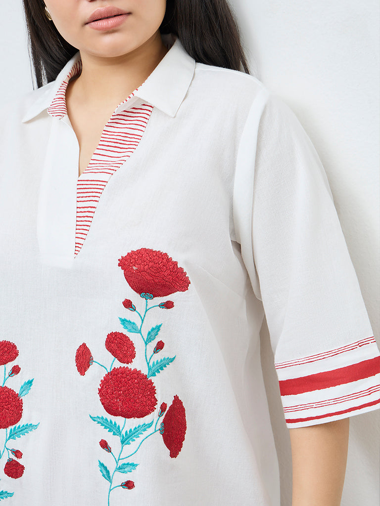 Diza White Floral Embroidered Cotton Tunic