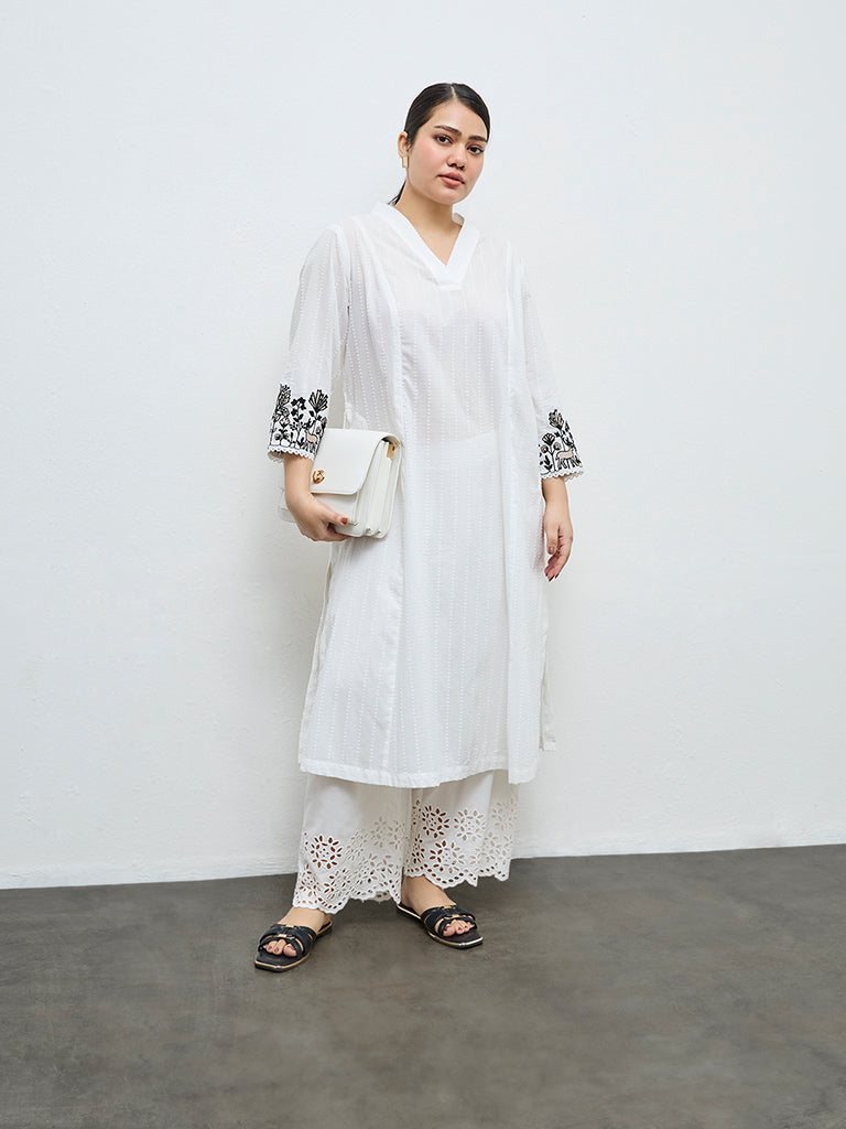 Diza White Floral Embroidered Cotton A-Line Kurta