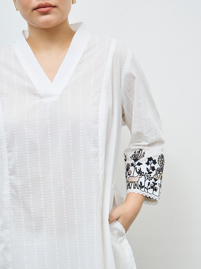 Diza White Floral Embroidered Cotton A-Line Kurta