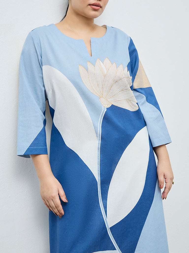 Diza Turquoise Floral Detailed Cotton-Blend A-Line Kurta