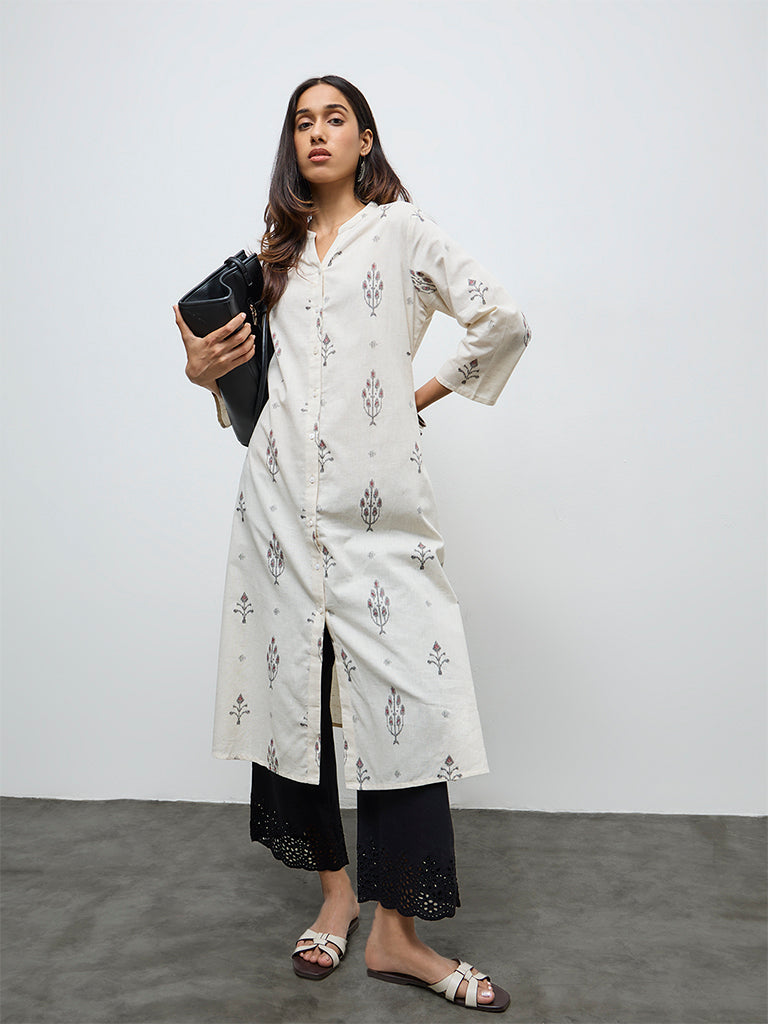 Utsa Off-White Ikat Cotton-Blend A-Line Kurta
