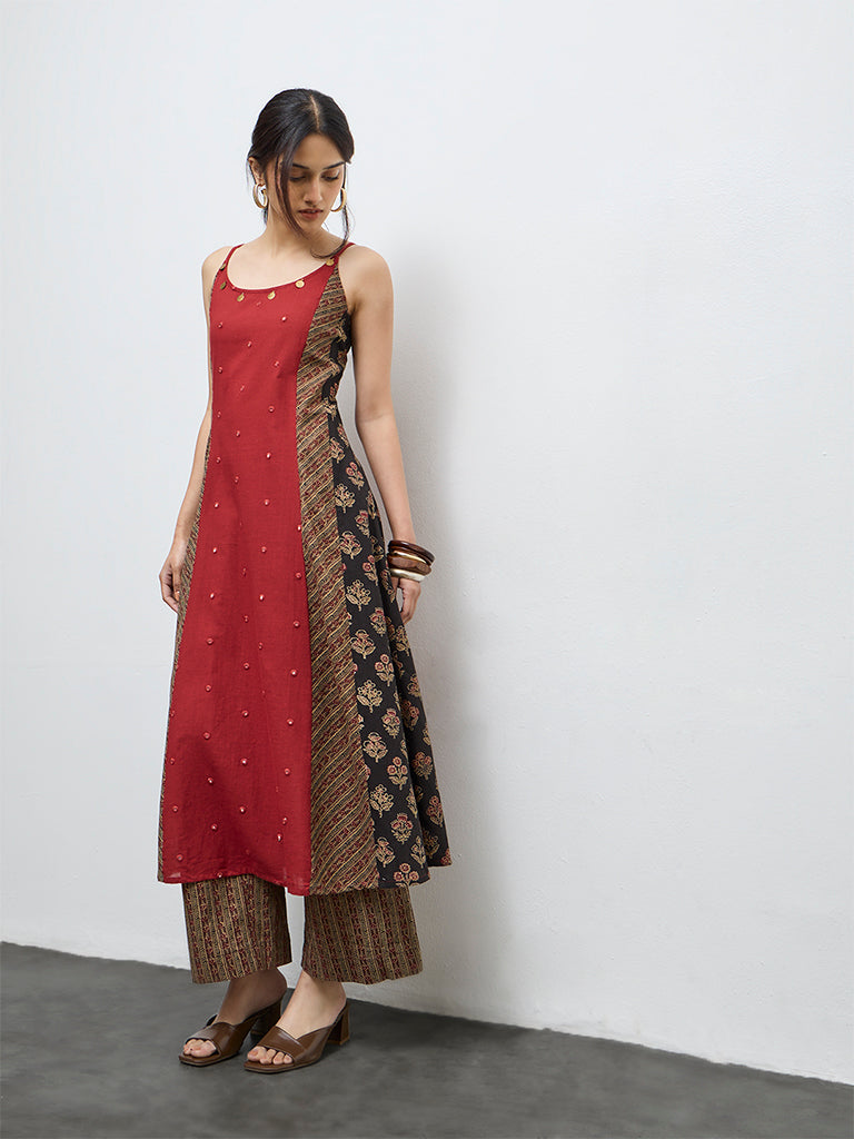Utsa Red Printed Cotton A-Line Kurta