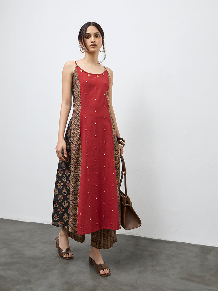 Utsa Red Printed Cotton A-Line Kurta
