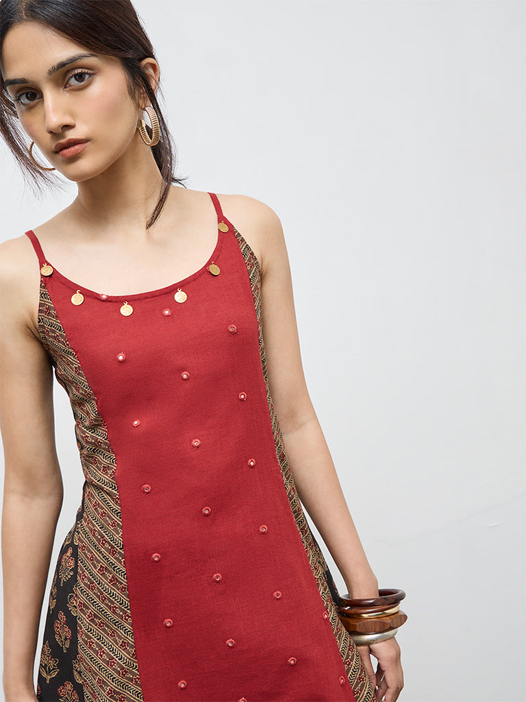 Utsa Red Printed Cotton A-Line Kurta