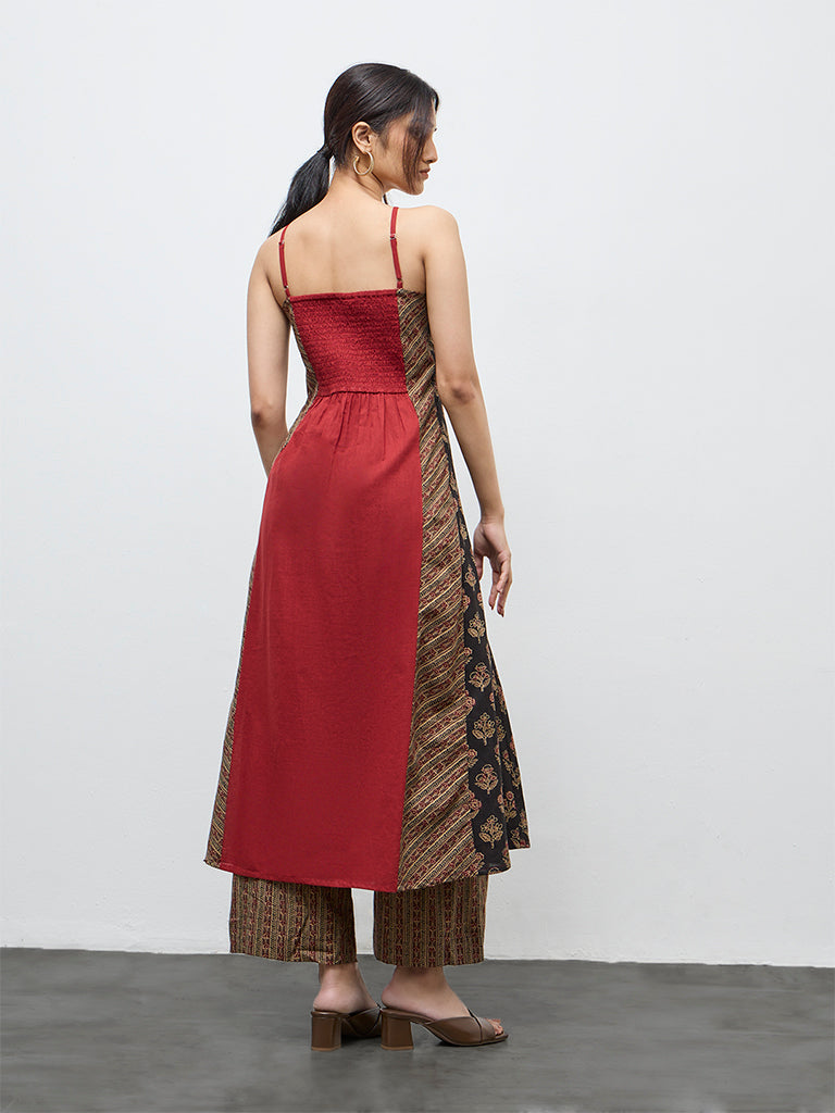 Utsa Red Printed Cotton A-Line Kurta