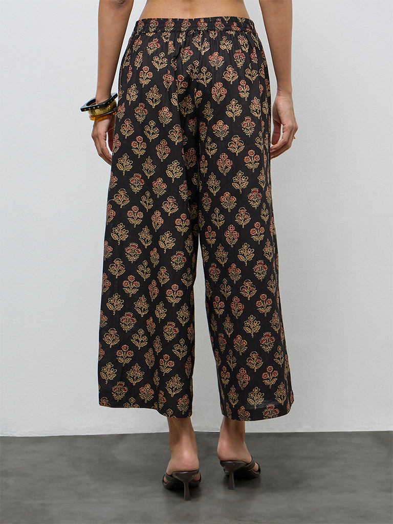 Utsa Black Foliage Printed Cotton Palazzos