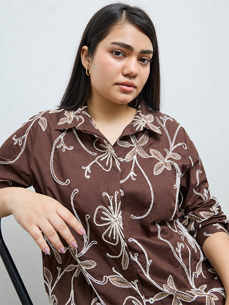 Gia Dark Brown Floral Embroidered Cotton Shirt