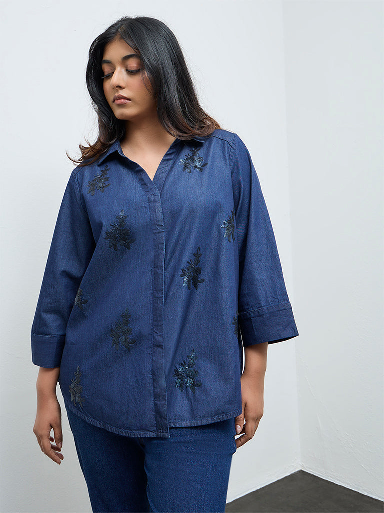 Gia Navy Floral Embellished Denim Shirt