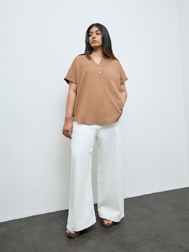 Gia Brown Solid Cotton-Blend Blouse