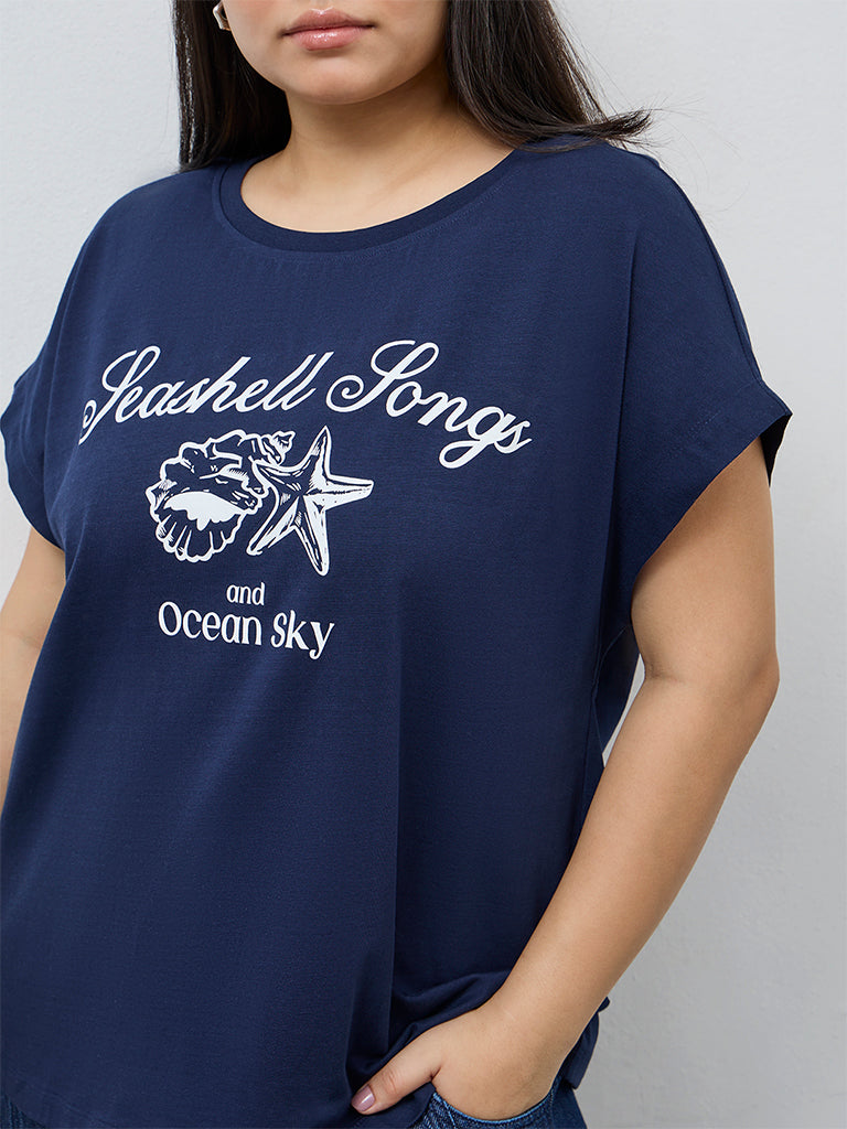 Gia Navy Text Printed Cotton T-Shirt