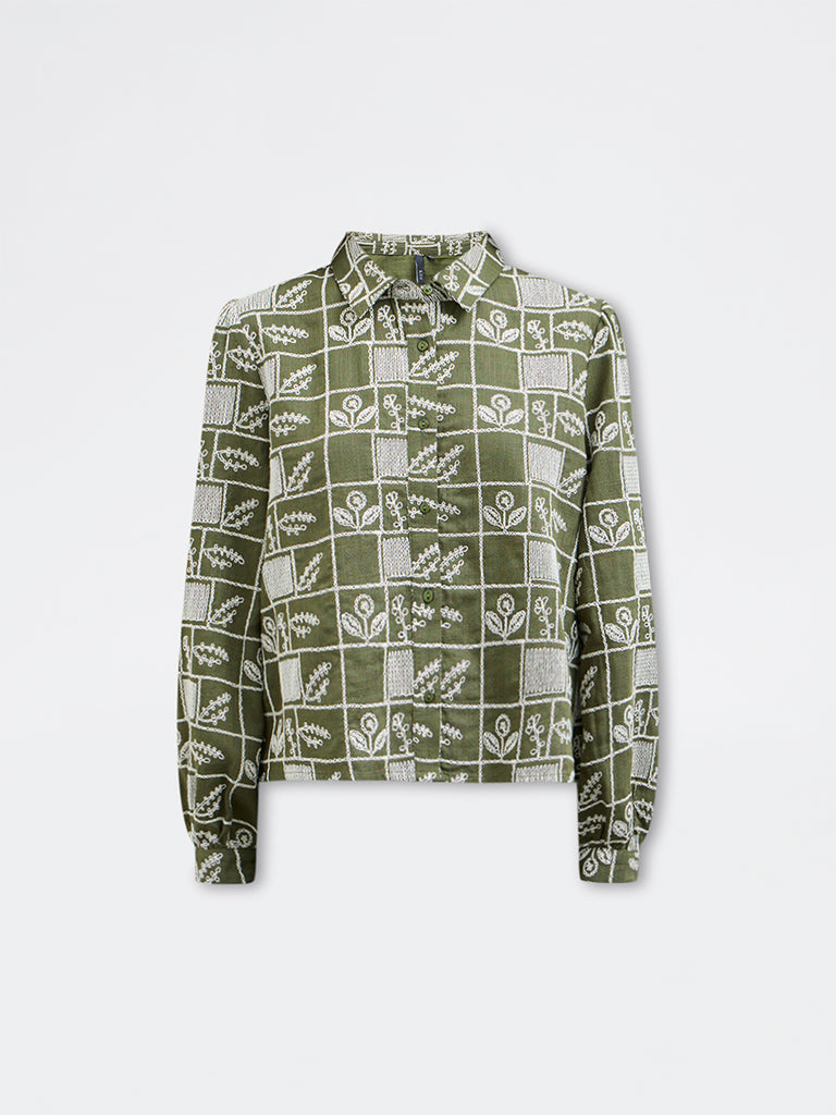 LOV Olive Embroidered Cotton Shirt