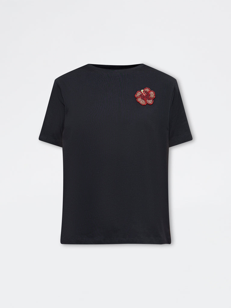 LOV Black Floral Embellished Cotton T-Shirt