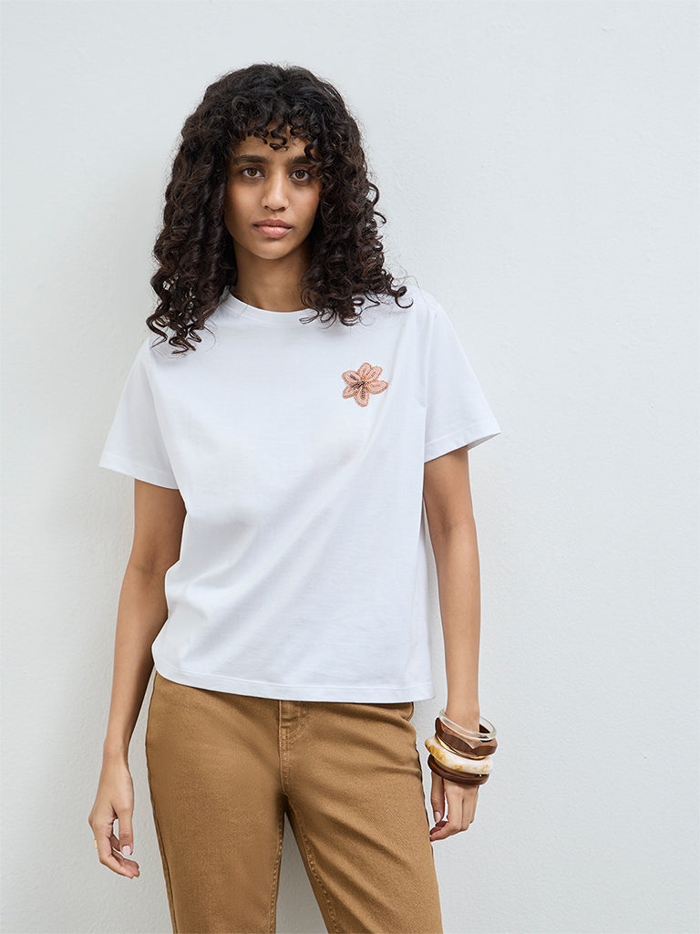 LOV White Floral Embellished Cotton T-Shirt