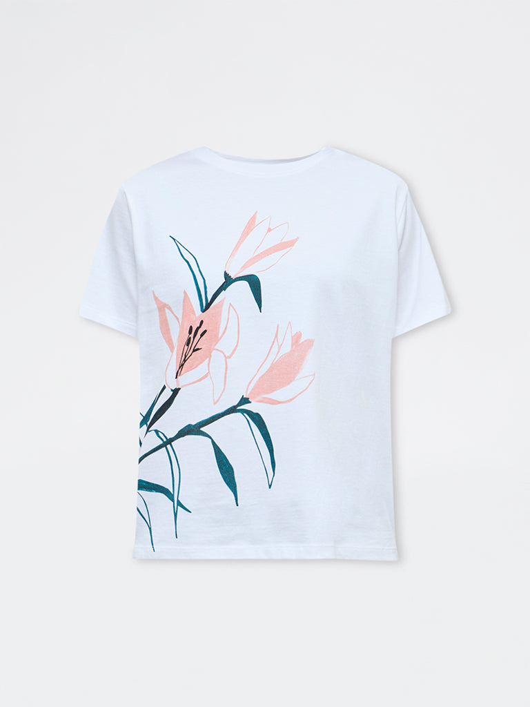 LOV White Foliage Printed Cotton T-Shirt