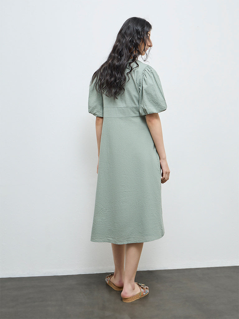 Bombay Paisley Sage Floral Embroidered Cotton A-Line Dress