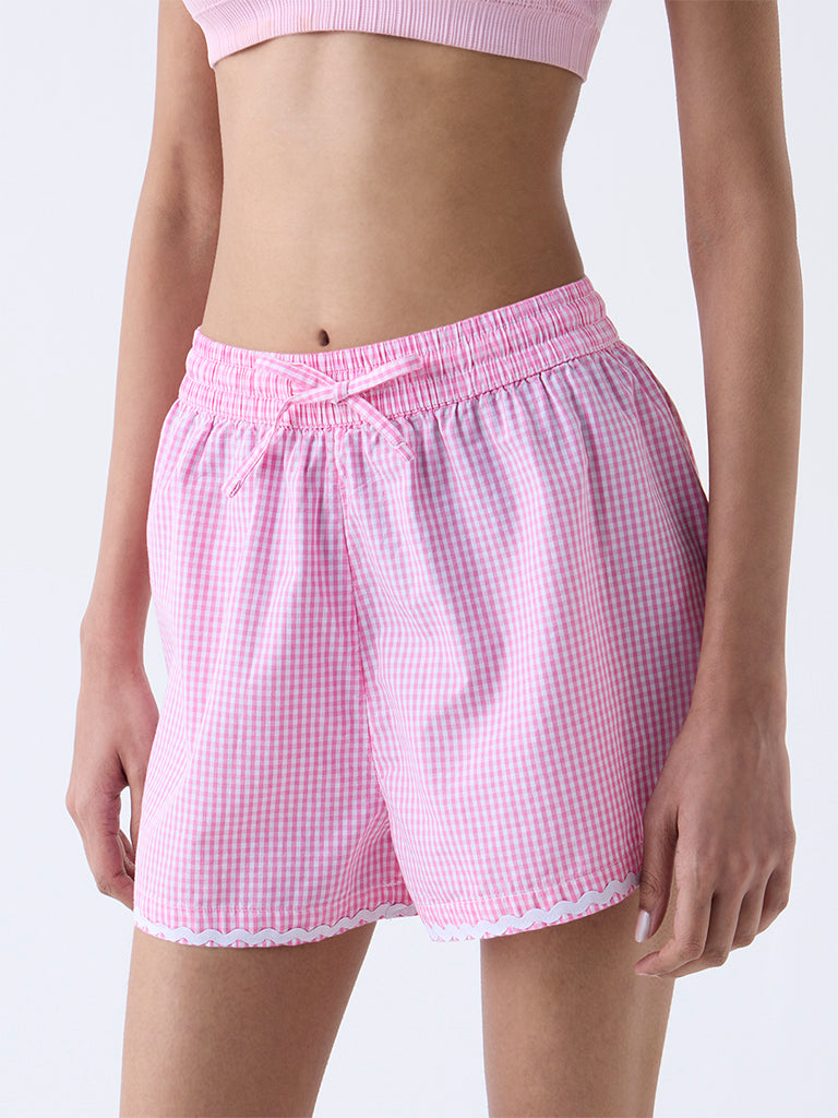 Superstar Pink Gingham Checkered High-Rise Cotton Shorts