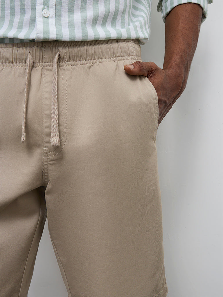 WES Casuals Beige Relaxed-Fit Mid-Rise Cotton-Blend Shorts