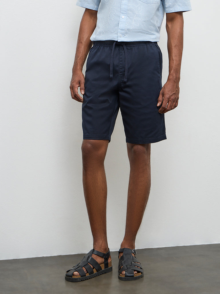 WES Casuals Dark Blue Relaxed-Fit Mid-Rise Cotton-Blend Shorts