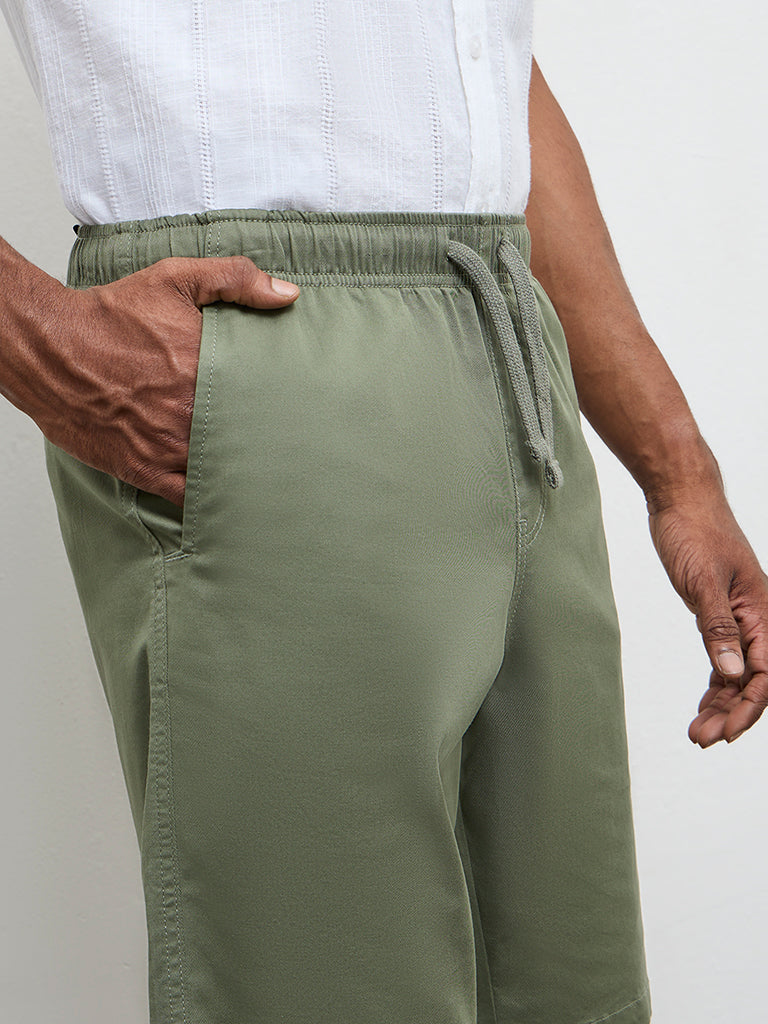 WES Casuals Dark Olive Relaxed-Fit Mid-Rise Cotton-Blend Shorts