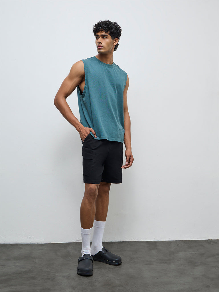 Nuon Black Solid Relaxed-Fit Mid-Rise Cotton-Blend Shorts