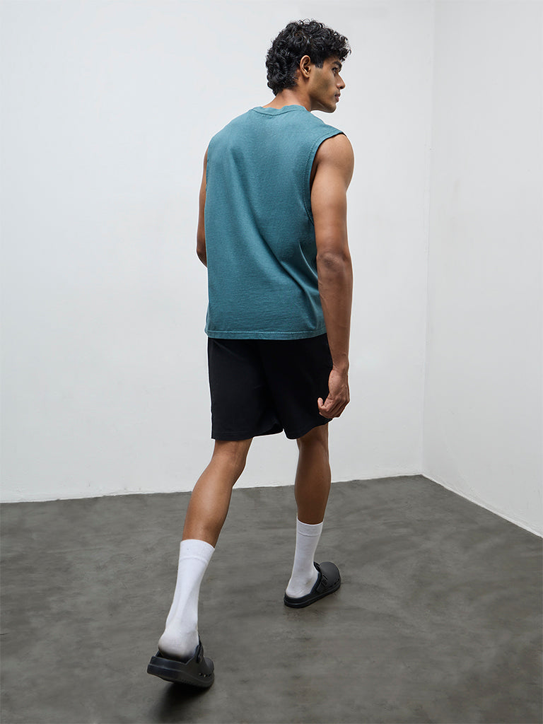 Nuon Black Solid Relaxed-Fit Mid-Rise Cotton-Blend Shorts