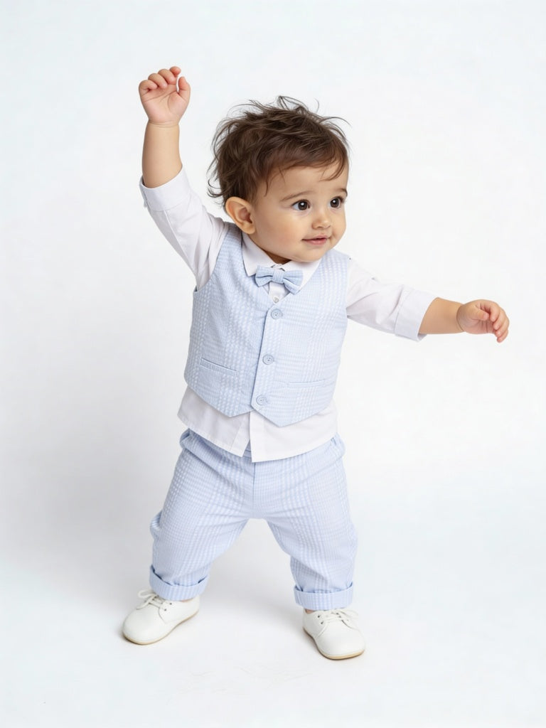 HOP Baby Boys Blue Textured Waistcoat, Shirt, Pants and Bow Set