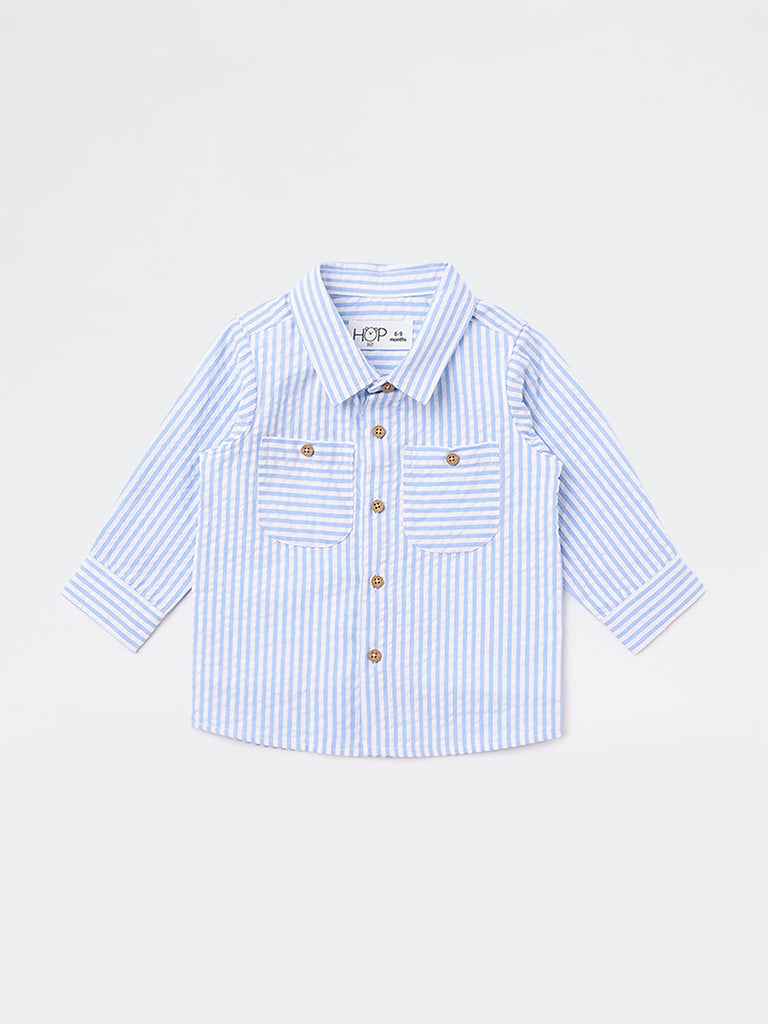HOP Baby Boys Blue Seerscuker Striped Cotton Shirt