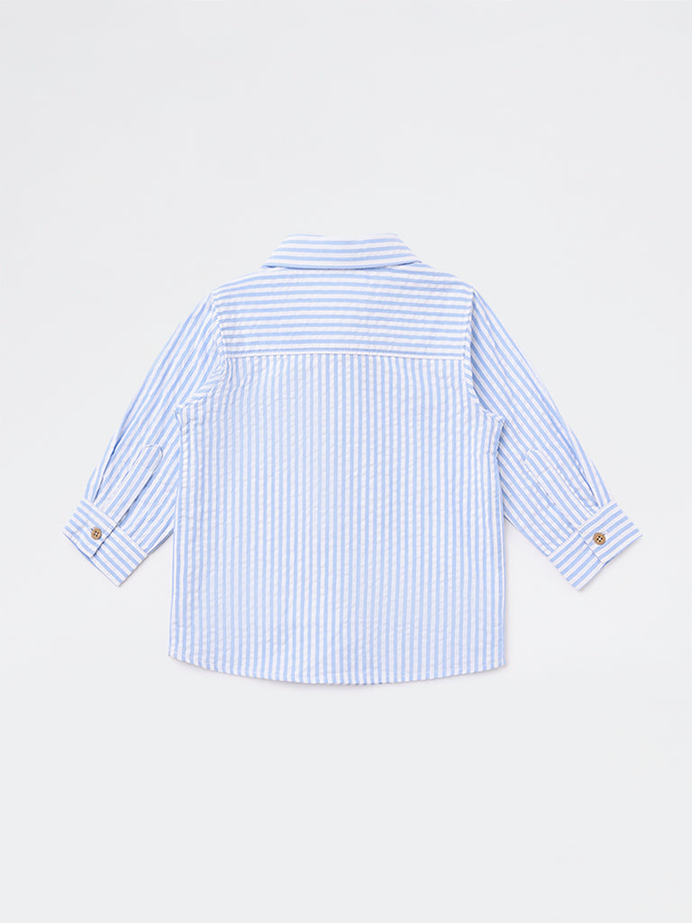 HOP Baby Boys Blue Seerscuker Striped Cotton Shirt