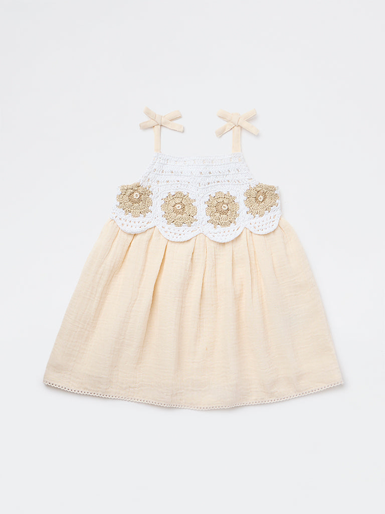 HOP Baby Girls Beige Embroidered A-Line Cotton Dress