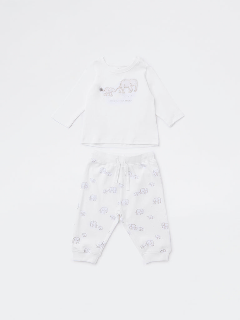 HOP Baby Boys White Animal Design Cotton T-Shirt and Joggers Set