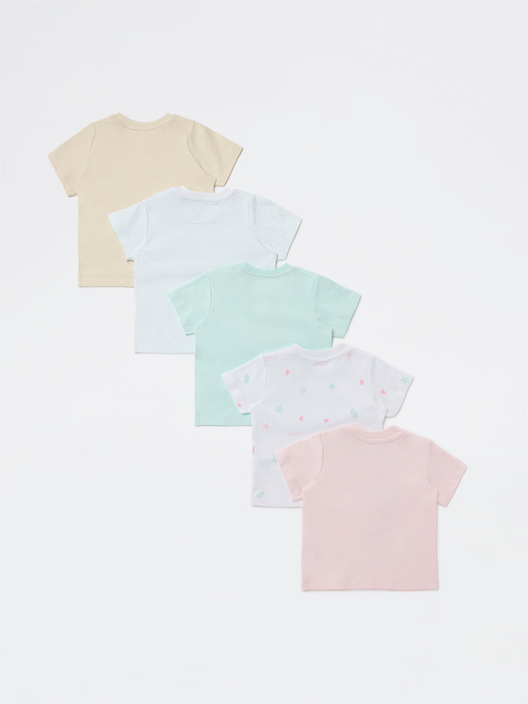 HOP Baby Girls Multicolour Printed Cotton T-Shirts - Pack of 5