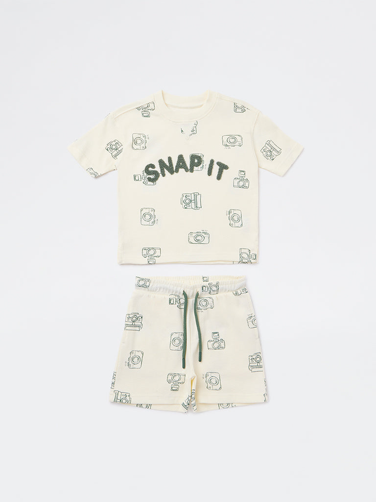 HOP Kids Boys Cream Printed Cotton Co-ord Set