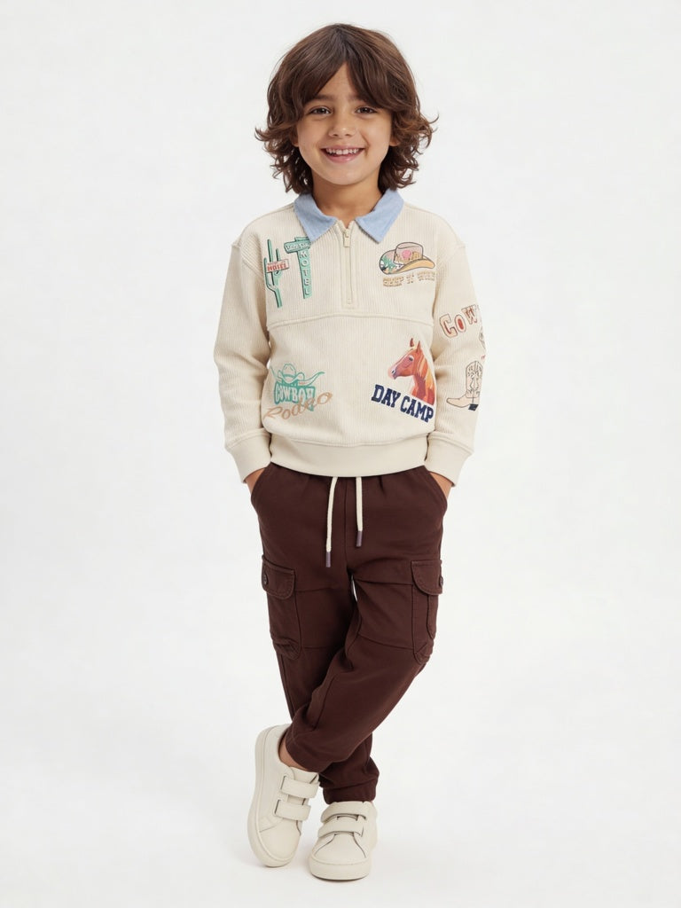 HOP Kids Boys Beige Cowboy Themed Cotton Sweatshirt