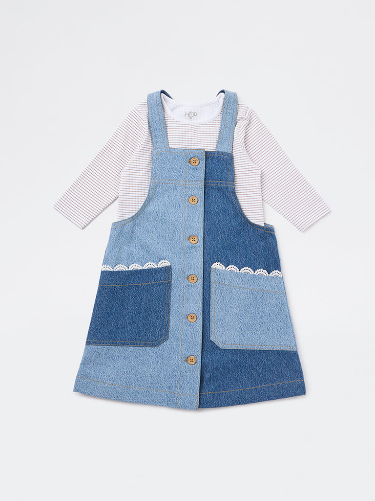 HOP Kids Girls Blue Denim Pinafore and T-Shirt Set
