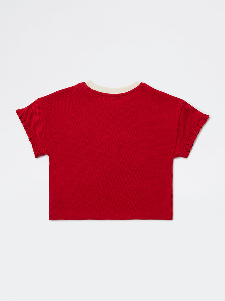 HOP Kids Girls Red Text Printed Cotton T-Shirt