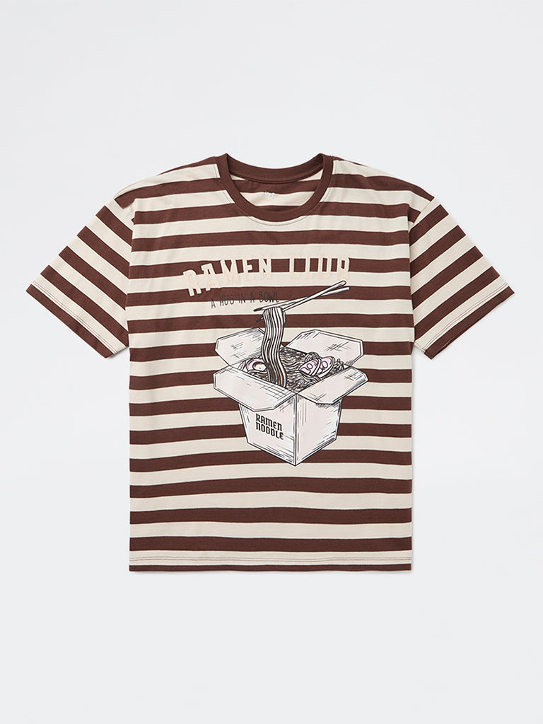 Girls Dark Brown Striped Cotton T-Shirt